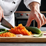 **Chef mastering knife skills:** A focused chef precisely dicing vegetables with perfect technique, showcasing various knives and uniformly cut ingredients, emphasizing safety and efficiency.