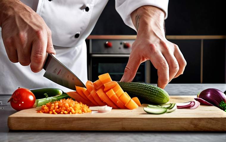 **Chef mastering knife skills:** A focused chef precisely dicing vegetables with perfect technique, showcasing various knives and uniformly cut ingredients, emphasizing safety and efficiency.